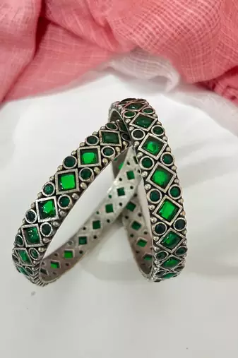 Oxidised green stone bangle set bridal stone wedding bangles set hand kada silver plated hand kada