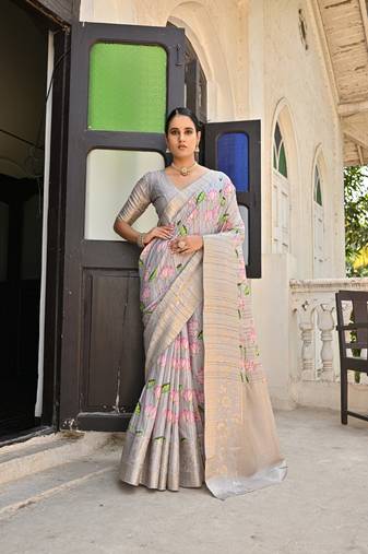 Grey Soft Cotton Blend  Zari Weaving Pallu  & Border Saree With Blouse