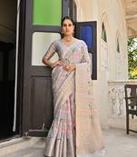 Grey Soft Cotton Blend  Zari Weaving Pallu  & Border Saree With Blouse