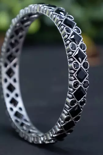 Oxidised black stone bangle set bridal stone wedding bangles set hand kada silver plated hand kada