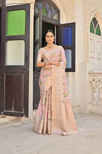 Peach Soft Cotton Blend Saree With Zari Weaving Pallu & Border Saree With Blouse