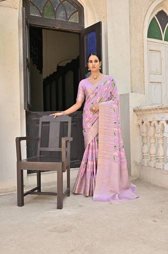 Purple Soft Cotton Blend  Zari Weaving Pallu & Border Saree With Blouse
