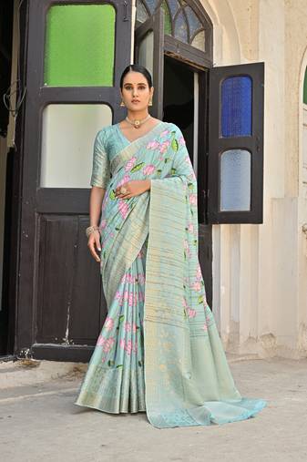 Sea Green Soft Cotton Blend Saree With Zari Weaving Pallu & Border With Blouse