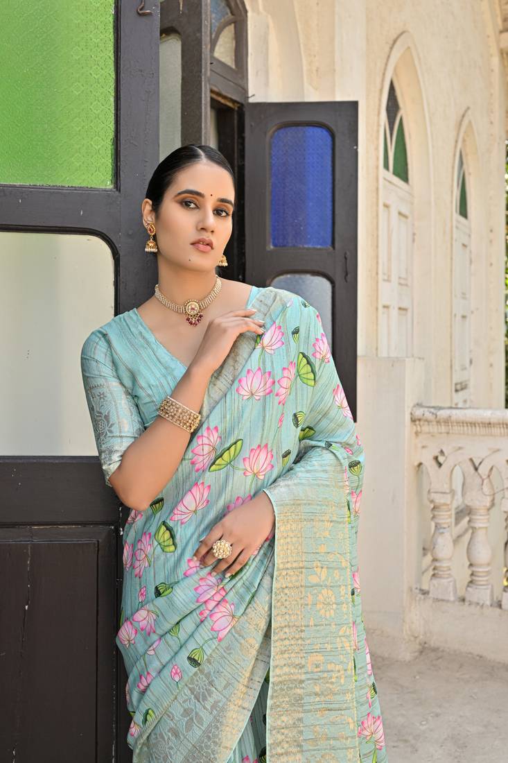 Sea Green Soft Cotton Blend Saree With Zari Weaving Pallu & Border With Blouse