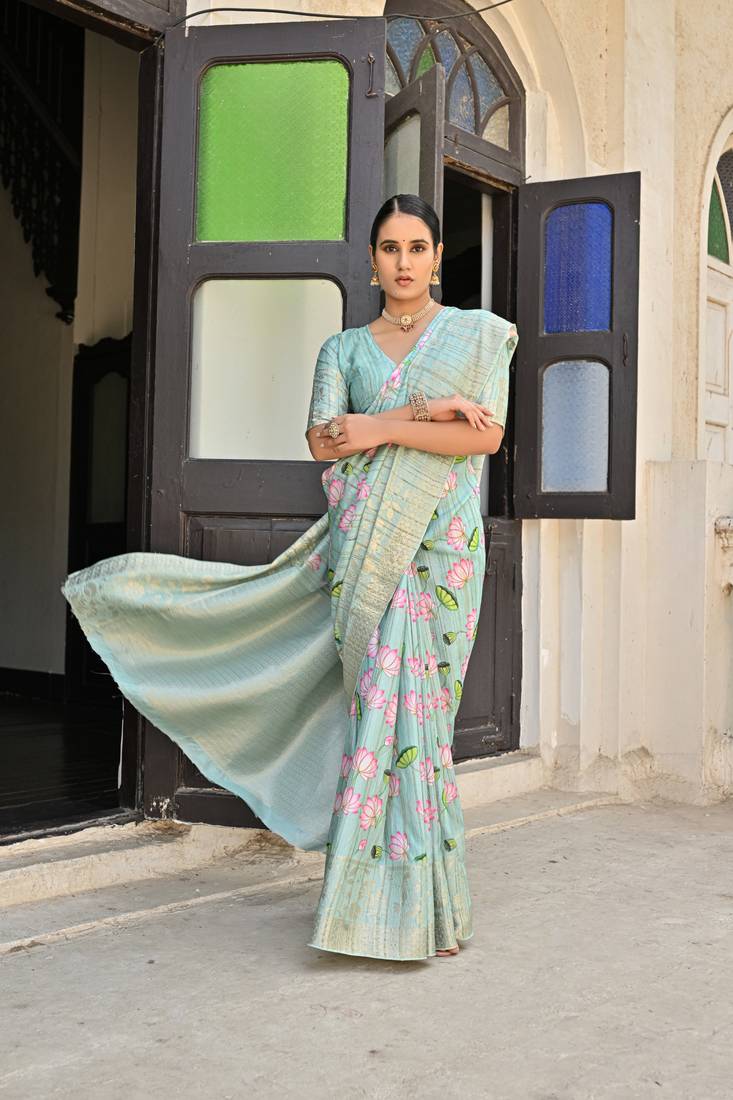 Sea Green Soft Cotton Blend Saree With Zari Weaving Pallu & Border With Blouse