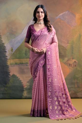 Pink Soft Muga Cotton Blend Jamdani Style Thread work Design Saree With Blouse