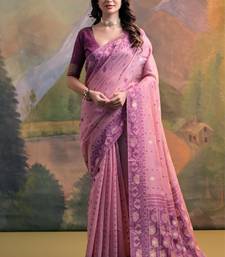 Pink Soft Muga Cotton Blend Jamdani Style Thread work Design Saree With Blouse
