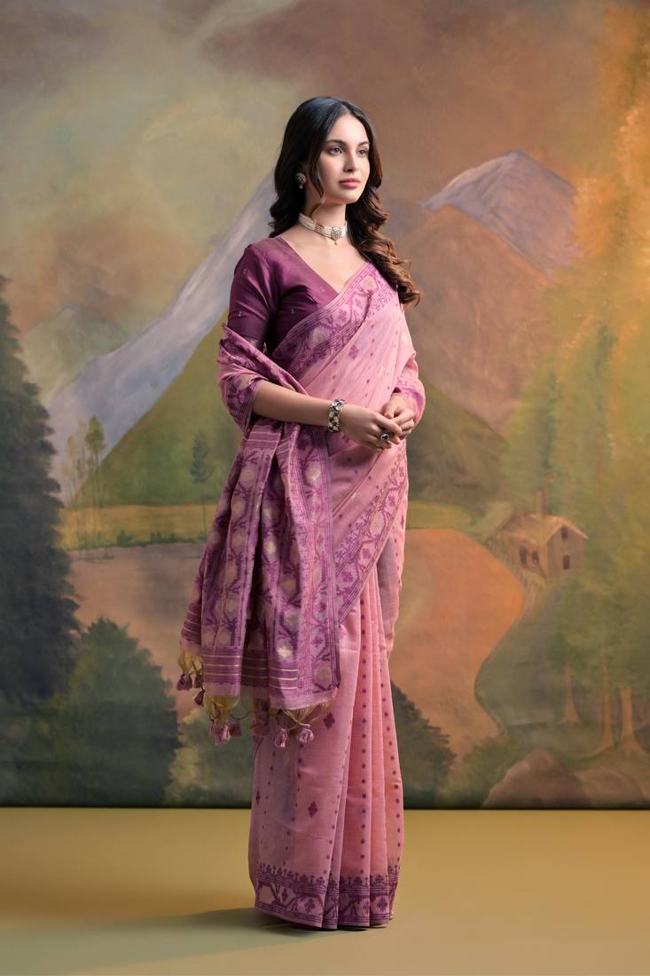 Pink Soft Muga Cotton Blend Jamdani Style Thread work Design Saree With Blouse