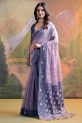 Lavender Soft Muga Cotton Blend Jamdani Style Border & All Over Buti work Saree  With Blouse 1
