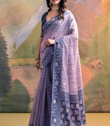 Lavender Soft Muga Cotton Blend Jamdani Style Border & All Over Buti work Saree  With Blouse