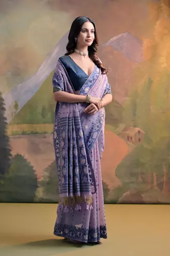 Lavender Soft Muga Cotton Blend Jamdani Style Border & All Over Buti work Saree  With Blouse