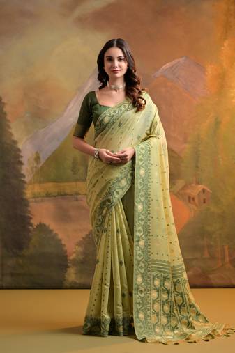 Pista Green Muga Cotton Blend Jamdani Style Thread work Design Saree With Blouse