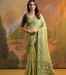 Pista Green Muga Cotton Blend Jamdani Style Thread work Design Saree With Blouse