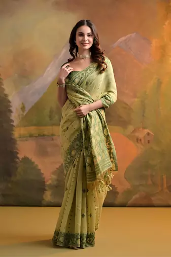 Pista Green Muga Cotton Blend Jamdani Style Thread work Design Saree With Blouse