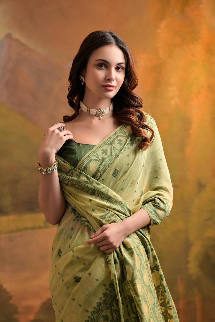 Pista Green Muga Cotton Blend Jamdani Style Thread work Design Saree With Blouse