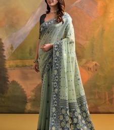 Sea Green Muga Cotton Blend Jamdani Style Thread work Design Saree With Blouse