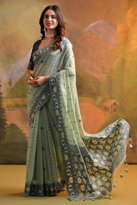 Sea Green Muga Cotton Blend Jamdani Style Thread work Design Saree With Blouse 2