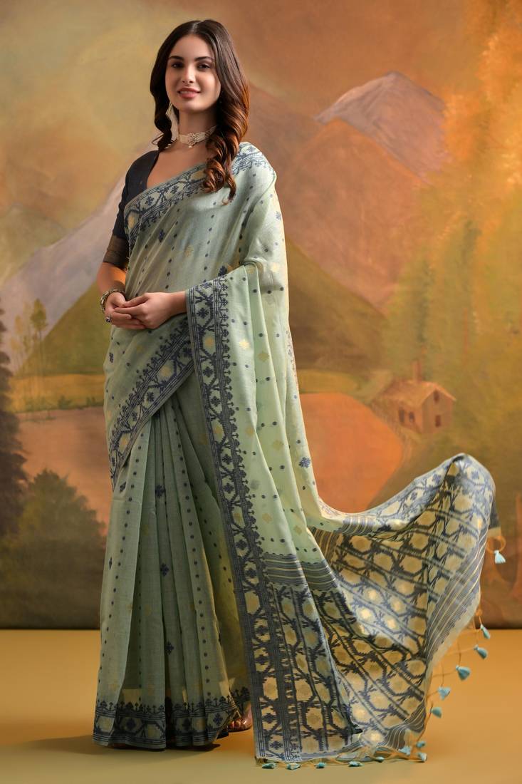 Sea Green Muga Cotton Blend Jamdani Style Thread work Design Saree With Blouse