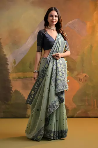 Sea Green Muga Cotton Blend Jamdani Style Thread work Design Saree With Blouse