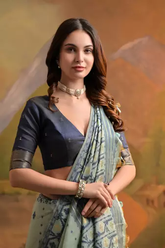 Sea Green Muga Cotton Blend Jamdani Style Thread work Design Saree With Blouse