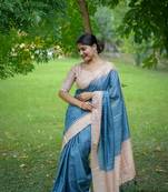 Blue Soft Tussar Silk Cheks printed kanth Weaving Contrast Border Saree With Blouse