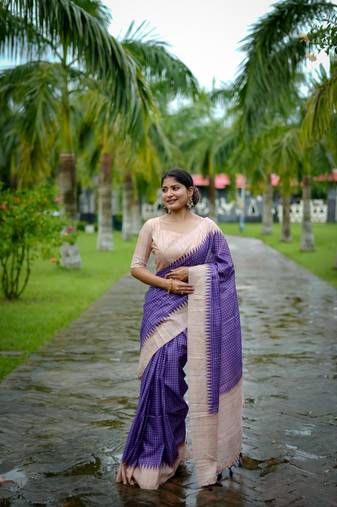 Purple Soft Tussar Silk Cheks printed kanth Weaving Contrast Border Saree With Blouse