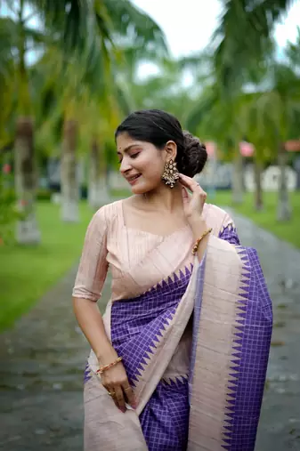 Purple Soft Tussar Silk Cheks printed kanth Weaving Contrast Border Saree With Blouse