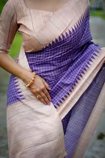Purple Soft Tussar Silk Cheks printed kanth Weaving Contrast Border Saree With Blouse