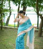 Sky Blue Soft Tussar Silk Cheks printed kanth Weaving Contrast Border Saree With Blouse