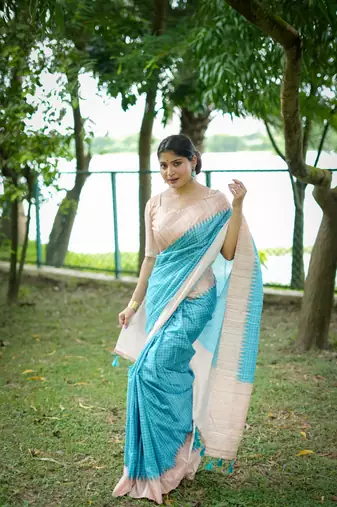 Sky Blue Soft Tussar Silk Cheks printed kanth Weaving Contrast Border Saree With Blouse