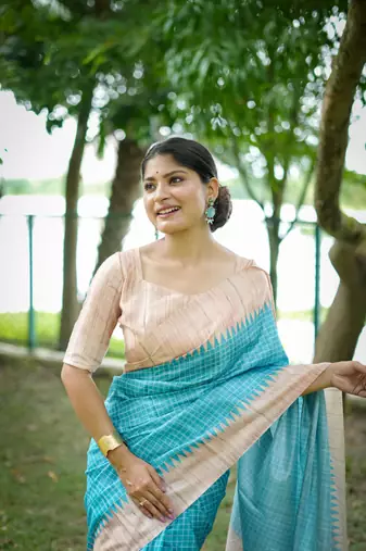 Sky Blue Soft Tussar Silk Cheks printed kanth Weaving Contrast Border Saree With Blouse