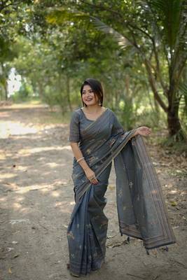 Grey Khadi Tussar Silk Saree With Thread Work And Multicolour Kantha Stitch Border With Blouse 1