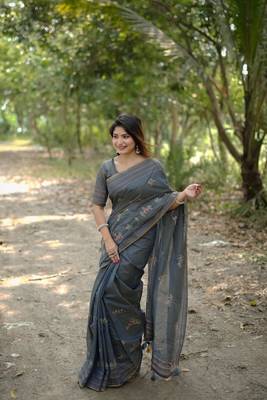 Grey Khadi Tussar Silk Saree With Thread Work And Multicolour Kantha Stitch Border With Blouse 2