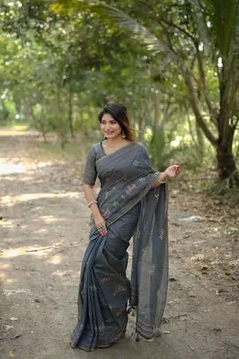 Grey Khadi Tussar Silk Saree With Thread Work And Multicolour Kantha Stitch Border With Blouse