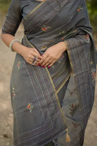 Grey Khadi Tussar Silk Saree With Thread Work And Multicolour Kantha Stitch Border With Blouse