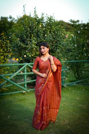 Vsaree Red Khadi Tussar Silk Saree With Thread Work And Multicolour Kantha Stitch Border With Blouse
