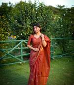 Vsaree Red Khadi Tussar Silk Saree With Thread Work And Multicolour Kantha Stitch Border With Blouse