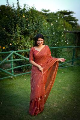 Vsaree Red Khadi Tussar Silk Saree With Thread Work And Multicolour Kantha Stitch Border With Blouse 2