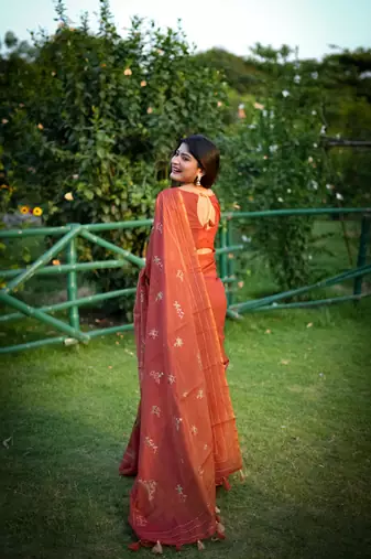 Vsaree Red Khadi Tussar Silk Saree With Thread Work And Multicolour Kantha Stitch Border With Blouse
