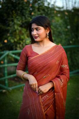 Vsaree Red Khadi Tussar Silk Saree With Thread Work And Multicolour Kantha Stitch Border With Blouse 4