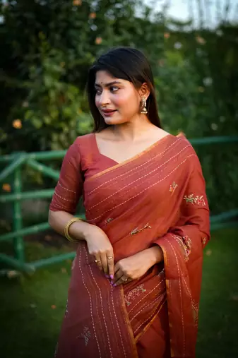 Vsaree Red Khadi Tussar Silk Saree With Thread Work And Multicolour Kantha Stitch Border With Blouse