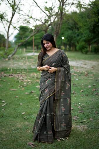 Vsaree Black Khadi Tussar Silk Saree With Thread Work And Multicolour Kantha Stitch Border With Blouse