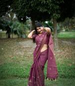 Vsaree Purple Khadi Tussar Silk Saree With Thread Work And Multicolour Kantha Stitch Border With Blouse