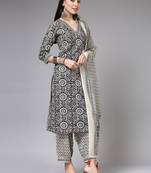Black floral printed aline kurta pant with dupatta set