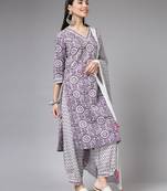 Purple floral printed aline kurta pant with dupatta set