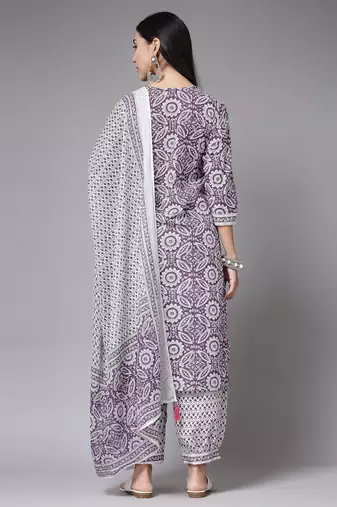 Purple floral printed aline kurta pant with dupatta set