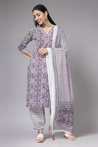 Purple floral printed aline kurta pant with dupatta set