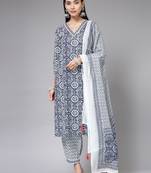 Blue floral printed aline kurta pant with dupatta set