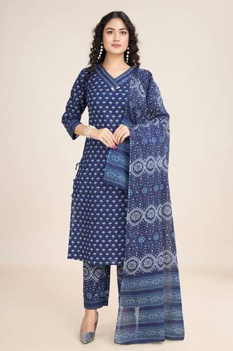 Trendmalls  Cotton Printed Salwar Suit Set Kurta Pant with Dupatta