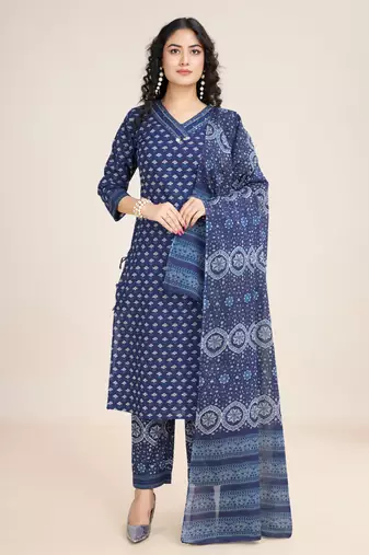 Trendmalls  Cotton Printed Salwar Suit Set Kurta Pant with Dupatta